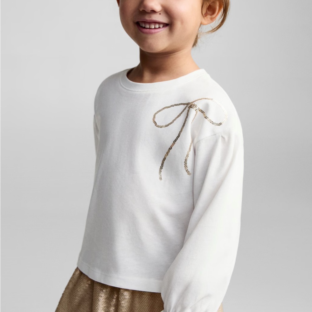 Mango White and Gold Long Sleeve Tee with Elegant Design